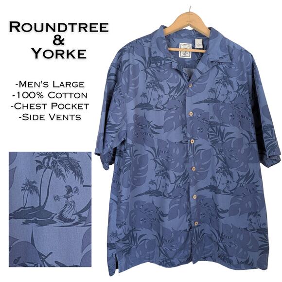 Roundtree & Yorke Mens Hawaiian Shirt Sz Large Blue Cotton Hula Girl Tropical - Picture 1 of 9